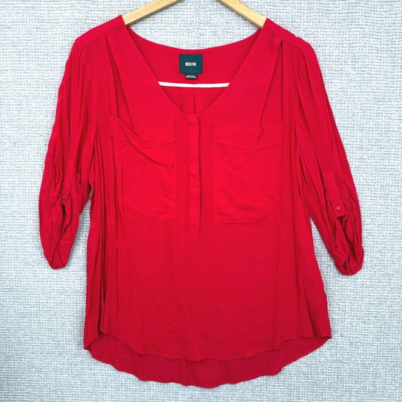 Maeve Tops - Maeve Red Blouse 3/4 Roll Tab Sleeve Pockets V-Neck Casual Top Sz‎ M Y2K Relaxed